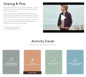 Homepage von "Name It" zur Aktion "Unpug & Play", zu der es neun Wochen lang kostenlose "Acitivty Cards" mit Spielanleitungen gibt.