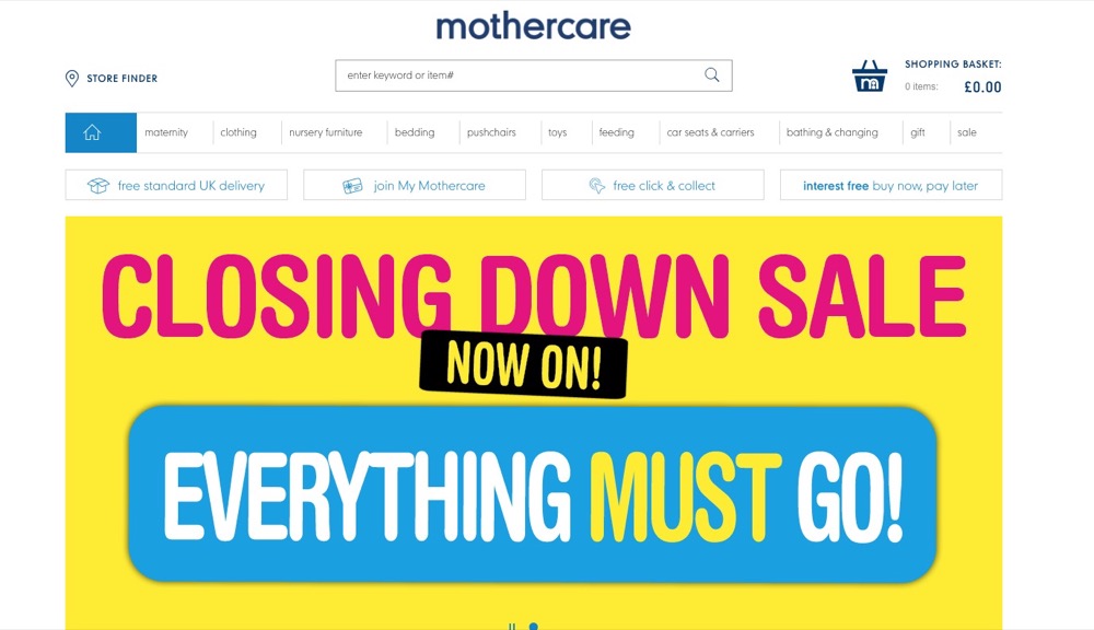 "Alles muss raus" prangert Mothercare auf ihrer Website noch – bald wird der Shop dann komplett geschlossen.